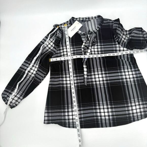 Bloomchic Plaid Tie Neck Lightweight Ruffle Sleeve Pullover Blouse Women Size 10 - Picture 9 of 9